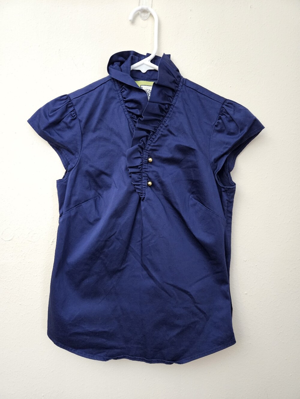 Elizabeth McKay Navy Ruffle V-Neck Cap Sleeve Blouse